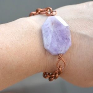 Huge Genuine Lavender Jade Solid Copper Bracelet  Handmade Gemstone Pure